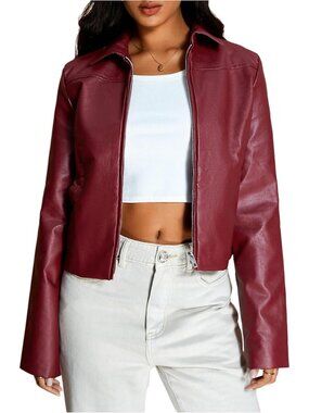 Women's Burgundy Polyester Vintage Long Sleeve Collar Zip Up Motorcycle Jacket